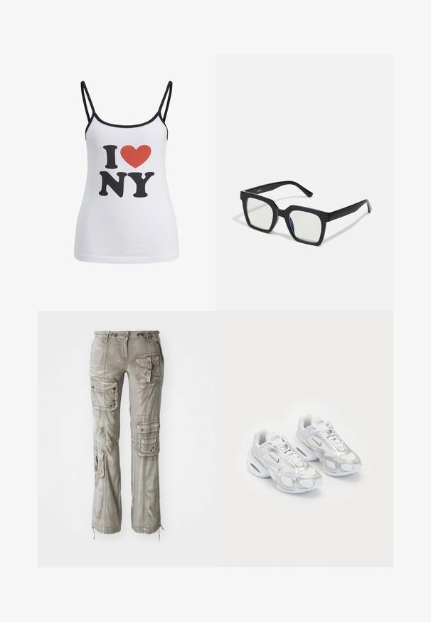 Valkoinen toppi ohutmustilla olkaimilla, jossa on suuri musta "I" ja "NY" -teksti sekä punainen sydänkuvio niiden välissä.; Vaaleanharmaat cargo-housut, joissa on useita taskuja, kiristysnyöri vyötäröllä ja kapenevat lahkeet. Valmistettu pehmeästä, tekstuurista kankaasta, jossa on näkyviä ommeltyylejä.; Valkoiset urheiluskoot, joissa on verkkomateriaali ja hopeiset yksityiskohdat, ainutlaatuinen muoto ja ilmapohjallinen kantapää. Nyöritettävä malli logolla.; Mustat aurinkolasit mattapinnalla, joissa on läpinäkyvät linssit ja kevyesti sinertävä sävy yhdellä puolella. Vankka, kulmikas muotoilu.