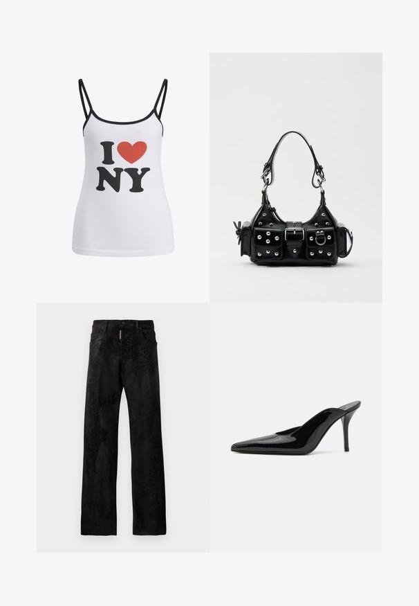 Bela majica brez rokavov s tankimi črnimi naramnicami, ki prikazuje veliko črno črko "I" in "NY", ter rdeče srce med njima.; Črne denimske hlače s ravnim krojem, ki imajo diskreten vzorec živali, pet žepov in gumbasto zapiranje.; Črne patentirane čevlje s peto, z usko silhueto in koničastim nosom, z odprtim hrbtom in vitko stiletto peto.; Črna usnjena torbica s ukrivljenim dizajnom, ki vsebuje srebrne žebljičke, zaponko in dve stranski žepki. Nastavljiv trak za različne možnosti nošenja.