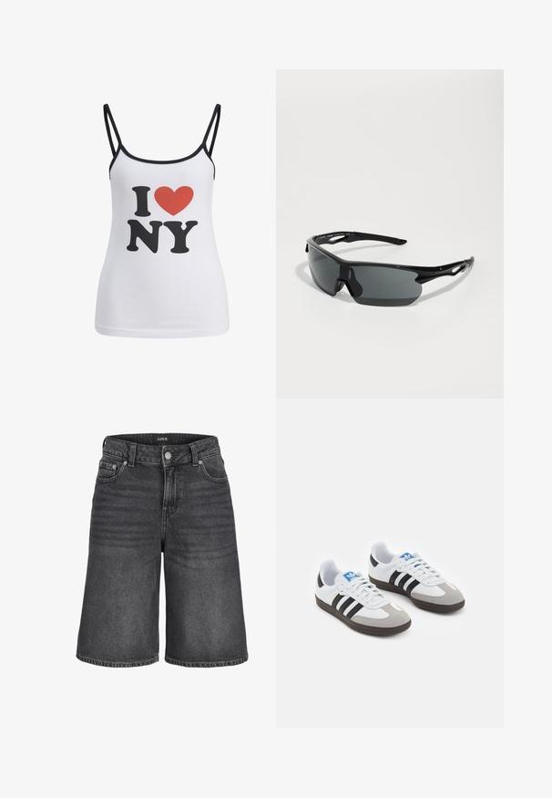 Fehér trikó vékony fekete pántokkal, amelyen nagy fekete "I" és "NY" feliratok találhatók, közöttük pedig egy piros szív grafika.; Sötétszürke farmer sort klasszikus szabással, öt zsebbel és gombos zárással. Finom elhalványulások és varrási részletek az alján.; Fehér bőr felsőrészes sportcipő, szürke velúrból készült orral és három fekete csíkkal. Jellemzője a kék logó a nyelvén és egy texturált gumitalp.; Fekete sport napszemüveg ívelt lencsékkel, könnyű műanyag kerettel és texturált szárakkal. Elegáns dizájn integrált orrnyereggel.; Fekete szőtt bőr kézitáska laza dizájnnal, csomózott pánttal és egy kis díszes arany szegeccsel a tetején.