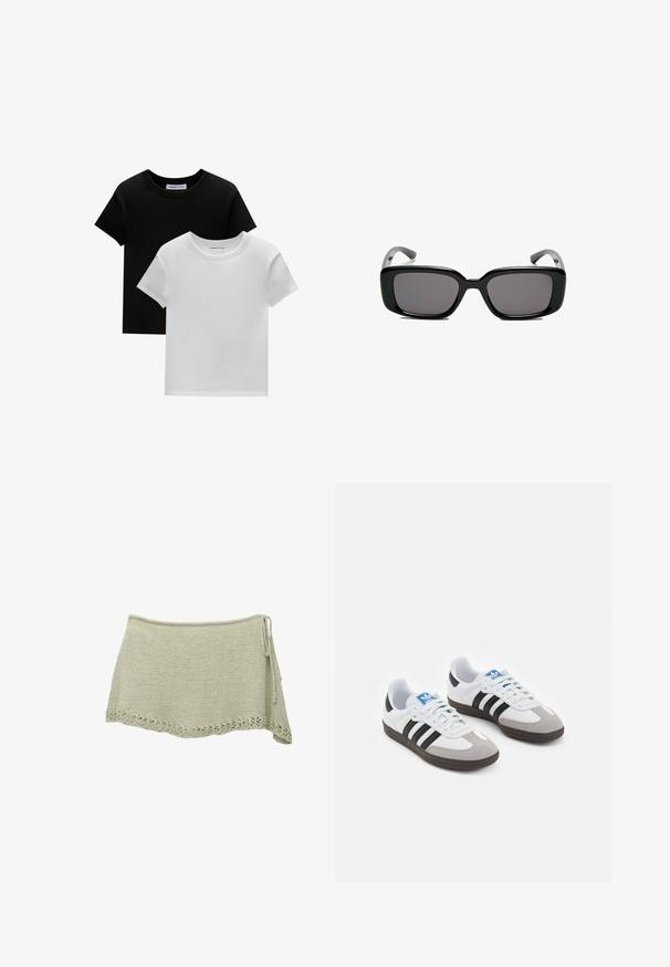 Dvě trička s kulatým výstřihem v černé a bílé barvě, vyrobená z bavlny. Mají krátké rukávy a jednobarevný design bez vzorů nebo akcentů.; Pletená sukně v světle zelené barvě s krajkovým okrajem ve tvaru vlnky, nastavitelným vázáním na boku a strukturovanou látkou.; Sportovní boty s bílým koženým svrškem, šedou semišovou špičkou a třemi černými pruhy. Obsahují modré logo na jazyku a texturovanou gumovou podrážku.; Černé obdélníkové sluneční brýle s tmavými skly, hladkým plastovým rámem a zakřivenými stranicemi. Design je robustní s minimalistickou estetikou.
