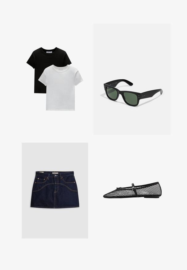 Två crew-neck t-shirts i svart och vitt, tillverkade av bomull. De har korta ärmar och ett enfärgat mönster utan mönster eller accentuerade detaljer.; Jeanskjol i mörk indigoblå med en kroppsnära silhuett, fem fickor och kontrasterande gul söm längs sömmarna. Metallknapp stängning vid midjan.; Svart nätballerina med spetsig tå, dekorativ rem och subtil accent. Har en öppen nätdesign och platt sula.; Svarta rektangulära solglasögon med gröna linser, matt finish, subtila hårdvaruaccents och präglad logotyp på bågen.; Blå plisserad scarf med ett mjukt, texturerat tyg. Har abstrakta vita mönster genom hela, designade i en loopad stil.; Tan mockasinväska med två långa handtag, rektangulär form och dekorativ sömnad. Har en sidremsa och subtila detaljer i guldmetall.
