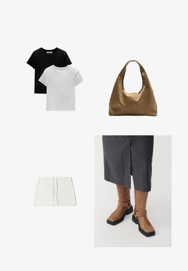 Dvě trička s kulatým výstřihem v černé a bílé barvě, vyrobená z bavlny. Mají krátké rukávy a jednobarevný design bez vzorů nebo akcentů.; Bílá elastická sukně v pase s dvojitými předními záhyby a bočními rozparky. Hladká textura a rovný střih. Bez viditelných kovových prvků nebo vzorů.; Hnědé kožené vysoké boty po kolena se čtveratou špičkou, černou gumovou podrážkou a nastavitelným řemínkem s přezkou. Nosené s šedou sukní s jemnými pruhy.; Hnědá textilní taška přes rameno s širokým, zaobleným tvarem a velkým výřezem na rukojeť. Měkká textura, minimalistický design a žádné viditelné kovové prvky.