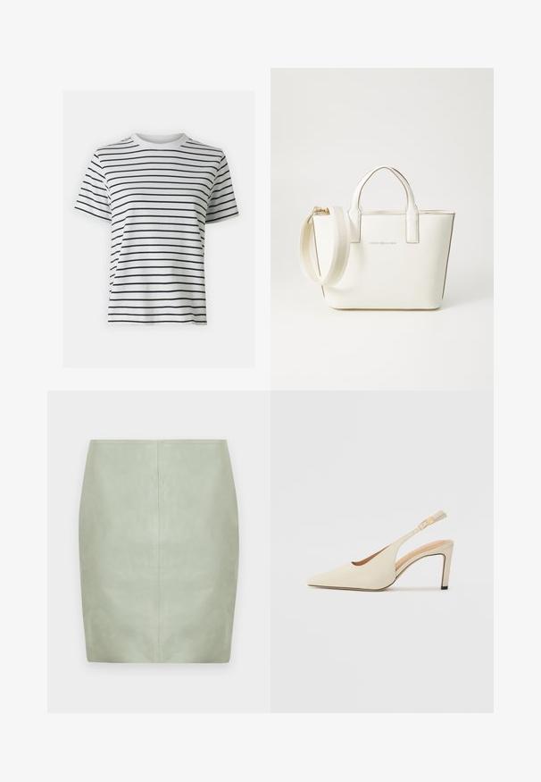 T-shirt en coton blanc avec des rayures noires horizontales, à manches courtes et col rond. Texture lisse avec une coupe décontractée.; Mini jupe en cuir vert menthe à coupe slim, avec un design épuré et une couture centrale au dos. Texture lisse, sans accessoires visibles.; Talons compensés en cuir beige avec un bout pointu, un design ouvert sur le côté et un talon haut fin. Comprend un accent doré sur la sangle.; Sac à main en simili cuir blanc avec de courtes poignées, une bandoulière réglable et des garnitures en ton or ; arbore un logo subtil à l'avant.