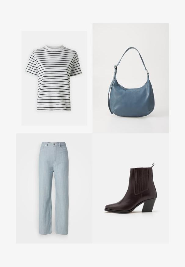 Hvit bomull t-skjorte med horisontale svarte striper, kort erm og rund halsdesign. Glatt tekstur med en avslappet passform.; Lys blå rett ben jeans laget av denim. Har fem lommer, en metallknapplukking og subtil slitasje for tekstur.; Mørkebrun lær ankelstøvle med spiss tå, vertikal ribbestruktur på siden og en middels høy blokkhæl.; Blå lærveske med rund form, enkel skulderreim, glidelås-lukking og preget merkenavn på forsiden. Glatt tekstur.