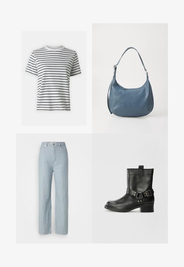 Bela bombažna majica s horizontalnimi črnimi črtami, kratkimi rokavi in krožnim izrezom. Gladka tekstura z udobnim krojem.; Svijetloplave traperice ravnog kroja. Imaju pet džepova, metalno kopčanje na dugme i suptilno izbjeljivanje za teksturu.; Samsøe Samsøe SABRENTA - Gležnjar v kavbojskem in motorističnem slogu - black; Modra usnjena torbica z zaobljeno obliko, enim naramnim ročajem, zadrgo in vtisnjenim imenom blagovne znamke na sprednji strani. Gladka tekstura.