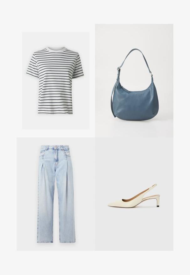 Witte katoenen t-shirt met horizontale zwarte strepen, korte mouwen en een ronde hals. Zachte textuur met een casual pasvorm.; Lichtblauwe denim jeans met een hoge taille, wijde pijpen, twee zijzakken en geplooid ontwerp. Zachte textuur met een vervaagd uiterlijk.; Puntaal geschoen met slingback in off-white leer, met een lage hak en uitsnedeontwerp, voorzien van een gladde textuur en minimale accenten.; Blauwe leren handtas met een ronde vorm, enkele schouderriem, ritssluiting en geïmpregneerde merknaam aan de voorkant. Gladde textuur.