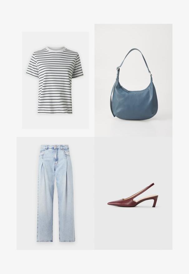 T-shirt en coton blanc avec des rayures noires horizontales, à manches courtes et col rond. Texture lisse avec une coupe décontractée.; Jeans en denim bleu clair avec taille haute, coupe large, deux poches latérales et design plissé. Texture douce avec une finition décolorée.; Escarpins bordeaux à bride arrière avec un bout pointu, des découpes sur le côté et un talon bloc de hauteur moyenne. Finition en cuir lisse.; Sac à main en cuir bleu avec une forme arrondie, une seule bandoulière, fermeture zippée et nom de la marque en relief sur le devant. Texture lisse.