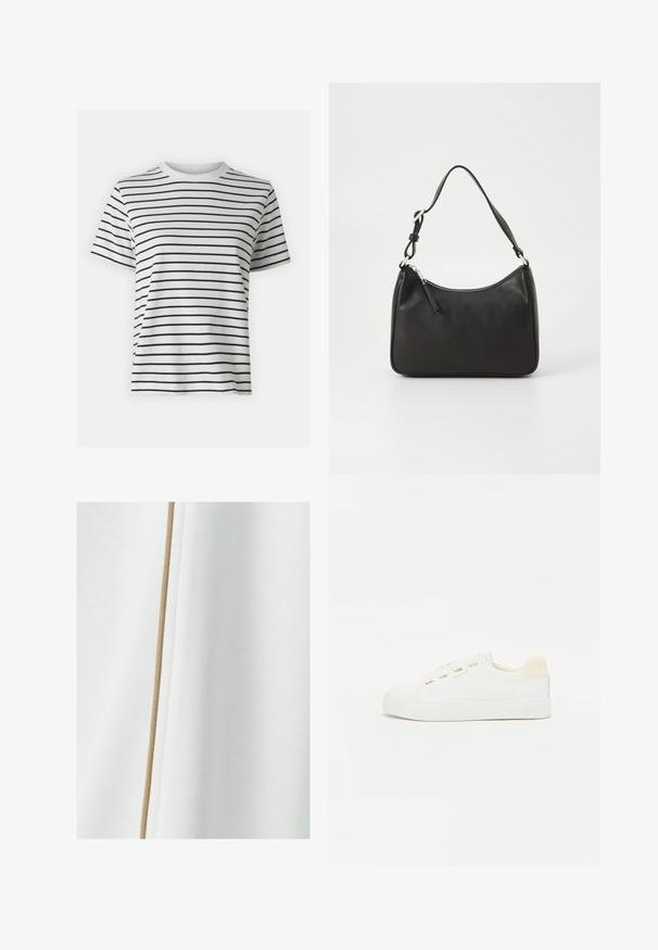 Weißes Baumwoll-T-Shirt mit horizontalen schwarzen Streifen, kurzen Ärmeln und Rundhalsausschnitt. Glatte Textur mit lässiger Passform.; Weißer Stoff mit einer glatten Textur und einem senffarbenen Akzentstreifen, der vertikal an einer Seite entlangläuft.; Weißer Sneaker mit Obermaterial aus Canvas, runder Zehenpartie und flacher Gummisohle. Verfügt über goldfarbene Ösen und einen hellbeigen Fersenakzent.; Schwarze Lederhandtasche mit geschwungener Form, einem einzigen Tragegurt, Reißverschlussverschluss und dezentem Branding auf der Vorderseite. Glatte Textur, minimalistisches Design.