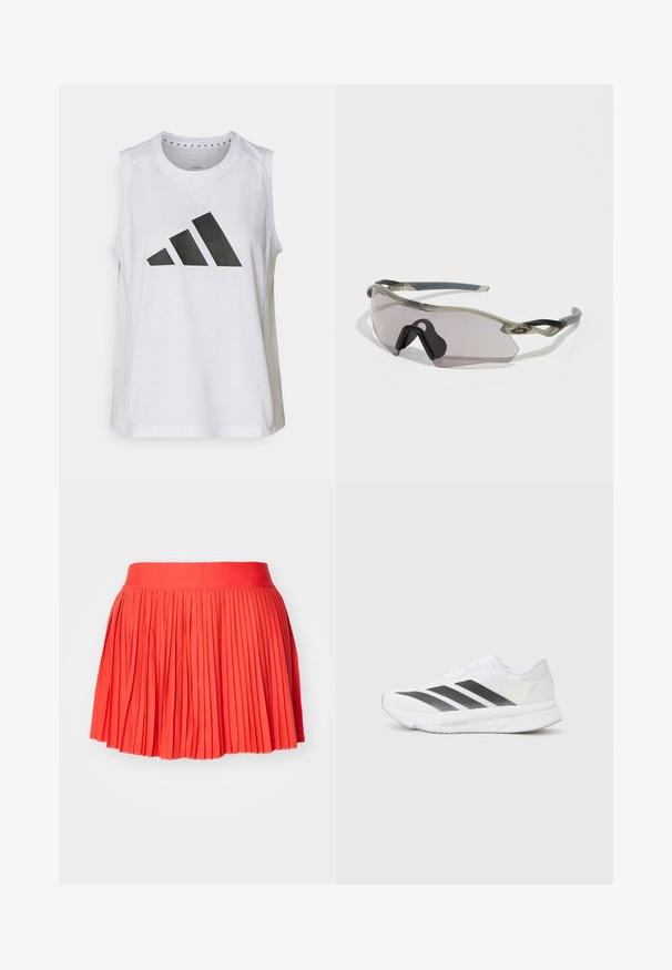 Witte sporttop zonder mouwen met ronde halslijn, voorzien van een groot zwart Adidas-logo bestaande uit drie strepen op de voorkant.; Rode geplooide rok met een brede tailleband, gemaakt van een lichtgewicht stof. Bevat verticale plooien die zich over het hele kledingstuk uitstrekken.; Witte sportschoen met zwarte diagonale strepen, bovenwerk van gaas, ronde neus en gestructureerde zool. Accenten zijn onder andere een zilveren hak en een minimalistisch ontwerp.; Zonnebril met een doorschijnend grijze frame, getinte lenzen en een hoekig ontwerp. Heeft een kenmerkend neusstuk en gestructureerde donkergrijze tempels.
