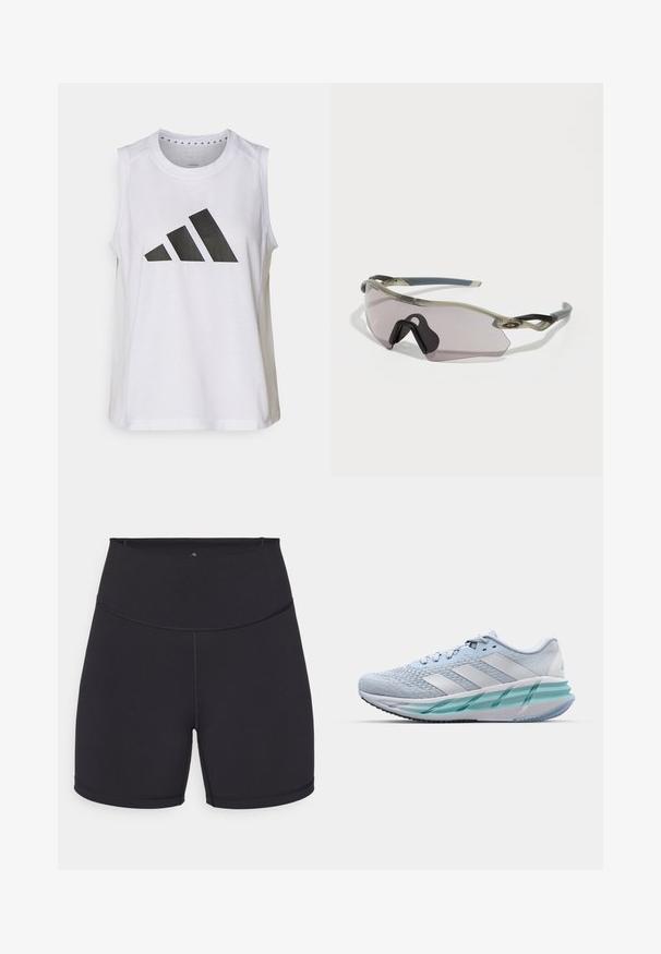 White sleeveless athletic top with round neckline, featuring a large black Adidas logo composed of three stripes on the front.; Black athletic shorts made of stretchy fabric. Features a high waistband and smooth seams. Suitable for active wear and exercise.; Light blue athletic shoes with a textured knit upper, white accents, and a transparent green midsole. Rounded toe and padded collar.; Sunglasses with a translucent gray frame, tinted lenses, and angular design. Features a distinctive nose piece and textured dark gray temple arms.