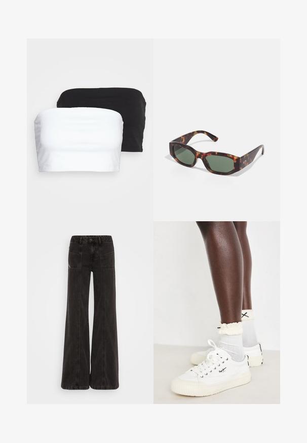 Kaks rihmatut crop toppi mustas ja valges, valmistatud venivast puuvillast kangast. Sile tekstuur ja lihtne disain, ilma nähtavate õmblusteta.; Sileeritud nööbiga särgiga, millel on abstraktne muster oranži, roosa ja lilla toonides, laia krae ja pika varrukaga.; Mustad lai jaladavad teksad, mis on valmistatud denimist, kõrge vöökohaga, esitaskutega ja ühtse õmblusega õmbluste ääres.; Valged kanvas tossud tekstureeritud tallaga, koos heledate hallide pahkluu sokkidega ja volangidega kreemivärvi äärtega; must logo tossudel.; Kilpkonnakuori päikeseprillid, millel on ristkülikukujulised rohelised läätsed, laiad raamid ja paksud templeid. Omavad elegantset disaini ja sileda plastikpinda.; Must Black tote kott, millel on sile nailon välispind, pikad nahkrihmad, eemaldatav õlarihm ja kullane logo plaat.
