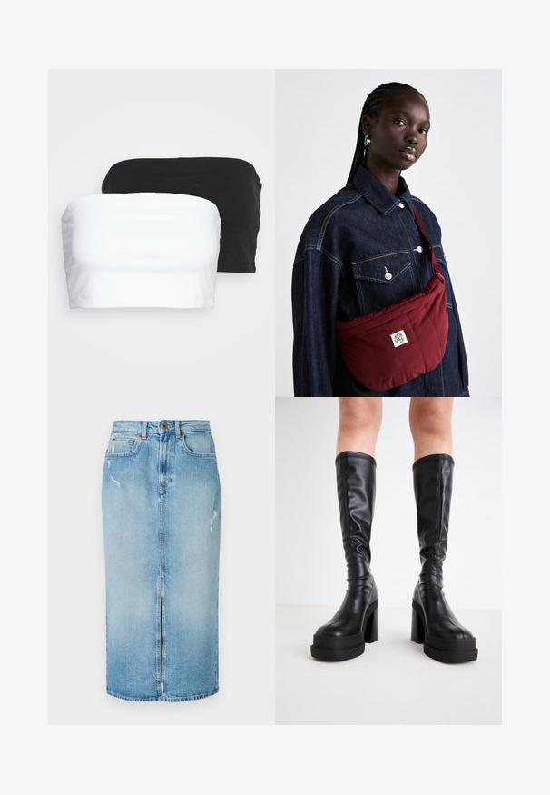 Duos bežinių maikutės be petnešėlių juodos ir baltos spalvos, pagamintos iš tamprios medvilnės audinio. Slydus paviršius su paprastu dizainu ir nematomomis siūlėmis.; Šviesiai mėlynas džinsinis midi sijonas su priekiniais įpjovimai, išblukusi tekstūra ir apdailos trūkumais. Yra diržo kilpelės ir užtrauktuko priekis.; Juodos iki kelių aukštos botai, pagaminti iš lygaus odos, su storu platformos dugnu ir blokuotu kulnu, su siūlėmis palei kraštus.; Burgundiška siuvinėta petinė rankinė stačiakampio formos, su logotipo ženkleliu, dėvima ant tamsaus džinsinio švarkelio su dviem priekinėmis kišenėmis.