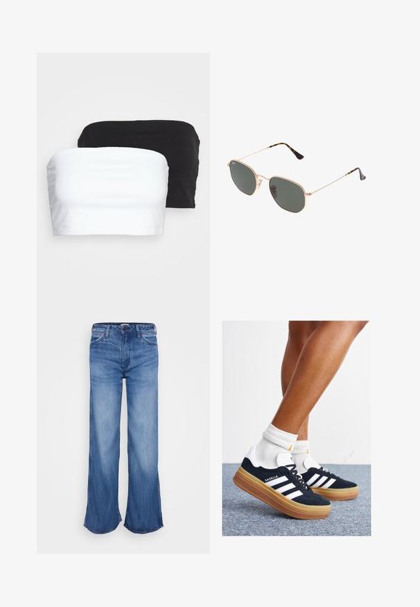 Two strapless crop tops in black and white, made from stretchy cotton fabric. Smooth texture with a simple design and no visible seams.; Light blue denim wide-leg jeans with a high waist and raw hem. Features five pockets, belt loops, and subtle fading on the fabric.; Black suede sneakers with white stripes and accents, rounded toe, gum rubber outsole, paired with white ribbed crew socks.; Gold metal-frame sunglasses with dark green lenses, aviator style, featuring slim arms and tortoiseshell accents on the tips.