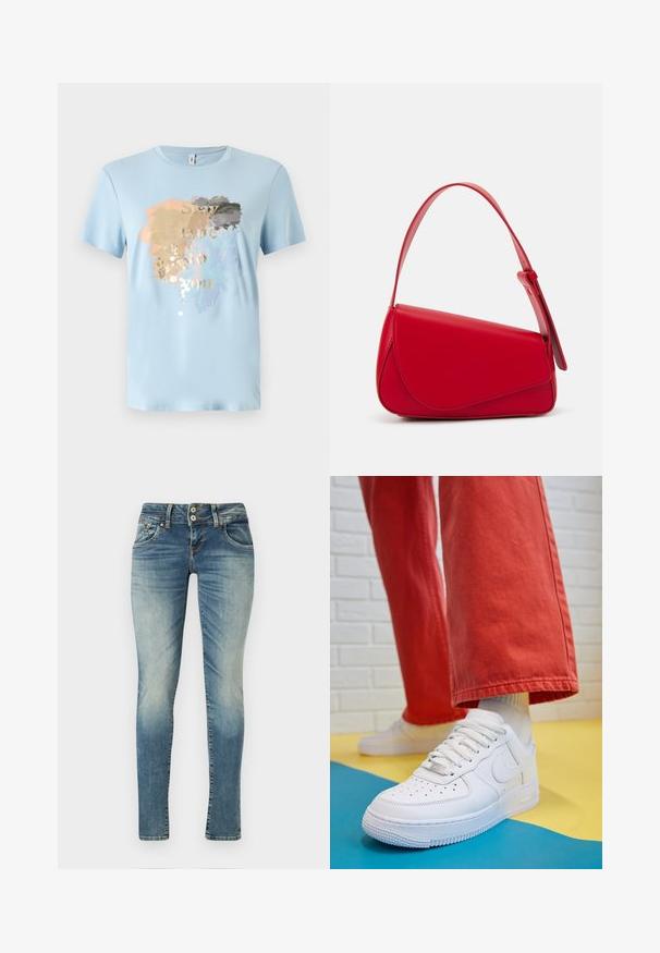 Gaiši zils īsām piedurknēm T-krekls, izgatavots no mīksta auduma. Ar zelta, pelēku, persiku un zilu plankumu dizainu, uz kura ir rakstīts "Paliec patiess pret sevi."; Šauri zila džinsa bikses ar vieglu izbalēšanu, piecām kabatām, divu pogu aizdari un kontrastējošu šuvju dūrienu.; Baltās ādas kedas ar perforētu purngalu, teksturētu zoli un baltām auklām, apvienotas ar platām sarkanām biksēm un zilu un dzeltenu fona.; Sarkans ādas rokassomi ar stūrainu, ģeometrisku dizainu. Iekļauj vienu regulējamu siksnu un vāku ar izšūtu detaļu.