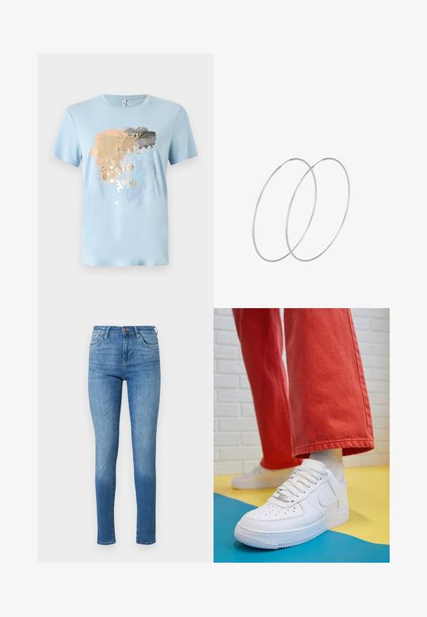 Svetlo modra kratka majica z dolgimi rokavi, izdelana iz mehke tkanine. Ima uporabniško zasnovo v zlati, sivi, breskev in modri barvi z besedilom "Ostani zvest sebi."; Tanke kavbojke v srednje modrem denimu. Visok pas, pet žepni dizajn, s subtilnim gubami. Šivani detajli na šivih in robu.; Beli usnjeni športni čevlji s perforiranim prstnim delom, teksturiranim podplatom in belimi vezalkami, v kombinaciji s širokimi rdečimi hlačami in modro-rumeno ozadje.; Srebrne uhane v obliki obroča z minimalističnim dizajnom. Krožna oblika, gladka tekstura in tanek profil. Lahki s poliranim zaključkom.