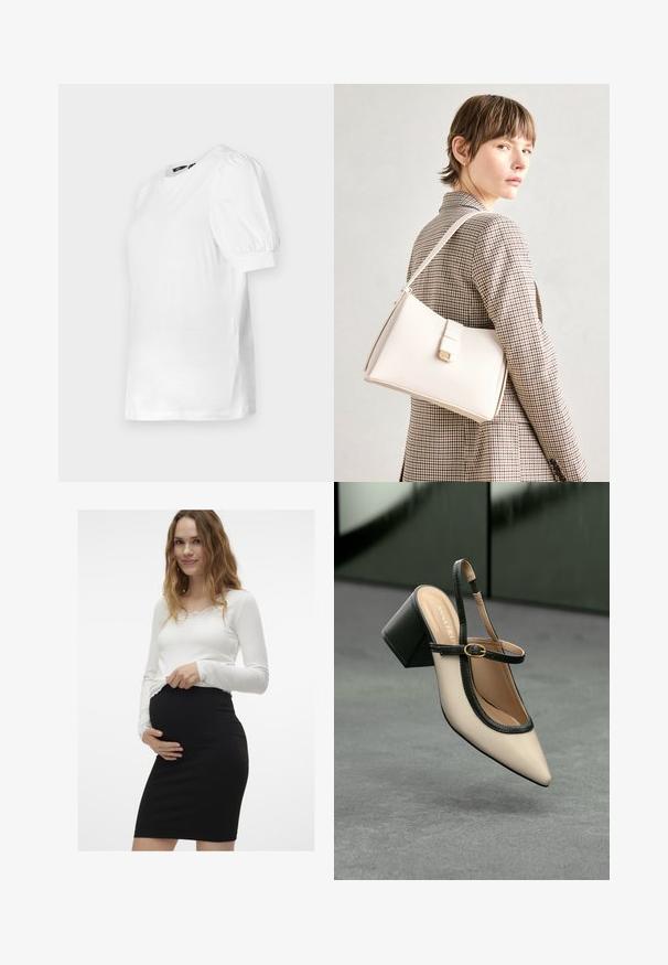 Bijela majica kratkih rukava s okruglim izrezom i napuhanim rukavima, izrađena od mekog materijala, s ravnim rubom i bočnim prorezima.; Bijela majica dugih rukava s čipkastim detaljima, uparena s prilagođenom crnom trudničkom suknjom koja naglašava okrugli stomak s glatkom teksturom.; Bež cipele s otvorenom petom i šiljastim vrhom, crnim obrubom, zlatnom kopčom i debelim blok-petom na sivom podu s tamnozelenom pozadinom.; Bijela kožna torba s čvrstim dizajnom, s magnetskim kopčanjem i remenom za rame, prikazana na neutralnoj pozadini.