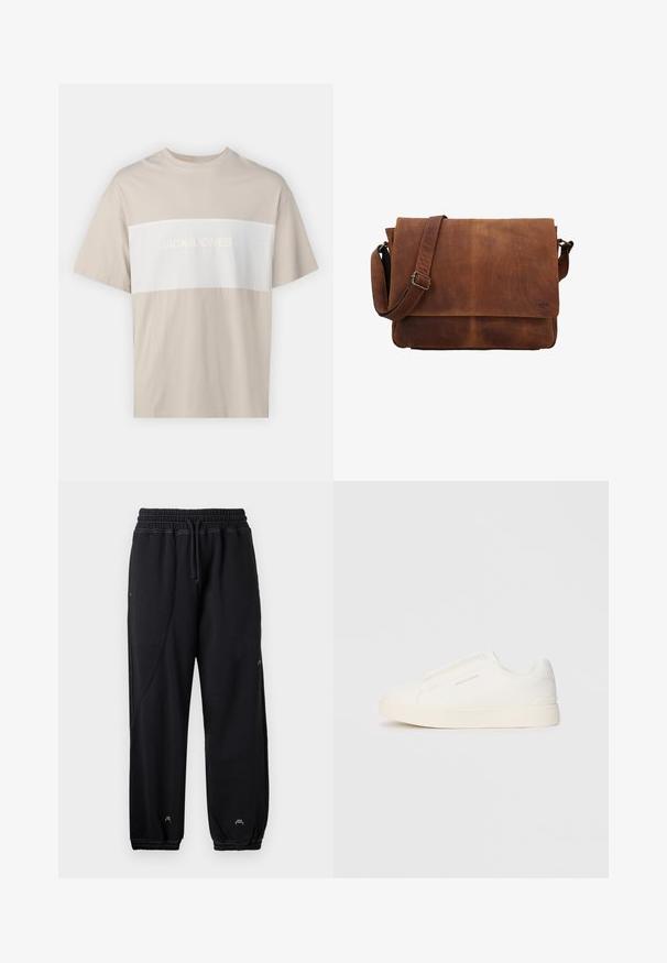 Bež pamučna majica s bijelim horizontalnim panelom na kojem je u reljefnom tisku tekst "JACK & JONES ESSENTIALS WORLDWIDE". Kratki rukavi.; Crne trenirke s elastičnim pojasom i vezicom. Ima bočne džepove i elastične manžete, izrađene su od mekog materijala.; Bijele slip-on tenisice s teksturiranom površinom, debelim đonom i minimalističkim dizajnom. Sadrže logo branda sa strane.; Smeđa kožna torba za dostavljače s čvrstim dizajnom, dugim podesivim remenom i preklopnim zatvaračem. Na prednjoj strani suptilno istaknuti brend.