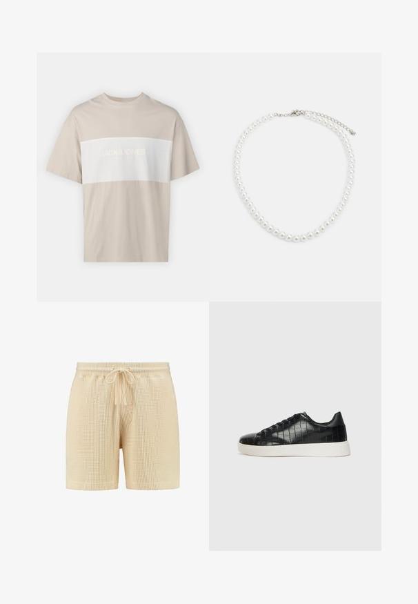 Bež pamučna majica s bijelim horizontalnim panelom na kojem je u reljefnom tisku tekst "JACK & JONES ESSENTIALS WORLDWIDE". Kratki rukavi.; Bež kratke hlače od waflaste pletenine sa elastičnim pojasom, zatvaranjem na vezicu i opuštenim krojem. Jednostavan dizajn bez uzoraka ili dodatnih akcenta.; Crne tenisice s teksturiranom gornjom površinom od kože s uzorkom krokodila, zaobljenim vrhom i kontrastnom bijelom gumenom potplatom s glatkom završnom obradom.; Bijela biserna ogrlica s uniformnim okruglim oblikom, glatkom površinom i metalnom kopčom s produžnom lancem za podesivu duljinu.