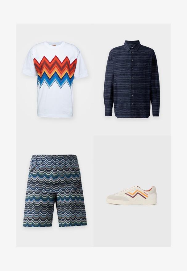 Bílý bavlněný tričko s multibarevným zigzagovým vzorem v červené, oranžové, modré a černé barvě na přední části. Krátké rukávy a kulatý výstřih.; Námořnická košile na knoflíky s cik-cak vzorem, dlouhé rukávy, standardní límec a knoflíky po celé přední části. Texturovaný povrch.; pánské šortky s cik-cak vzorem v modré, zelené a černé. Elastický pas, délka po kolena a lehká tkanina.; Semišové tenisky ve světlé šedé barvě se zigzag pruhy v oranžové, vínové a krémové barvě. Gumičková podrážka, kulatá špička a šněrování pomocí ok. Logo na boku.