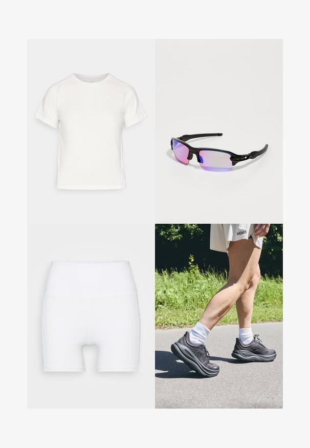 Lett, hvit T-skjorte med korte ermer, rund hals, og en liten logo i øvre venstre hjørne. Glatt stoff med en subtil glans.; Hvite høyt midjeforfatne shorts laget av stretch-stoff. Har en jevn tekstur og en tettsittende design, uten ekstra mønstre eller utstyr.; Sorte sporty sko med strukturert stoff, tykke polstrede såler og snøring, kombinert med hvite sokker og et lys beige plagg.; Svarte sporty solbriller med blank overflate, purpurfargede speilglass, og buede sorte stenger. Har logo på rammen.