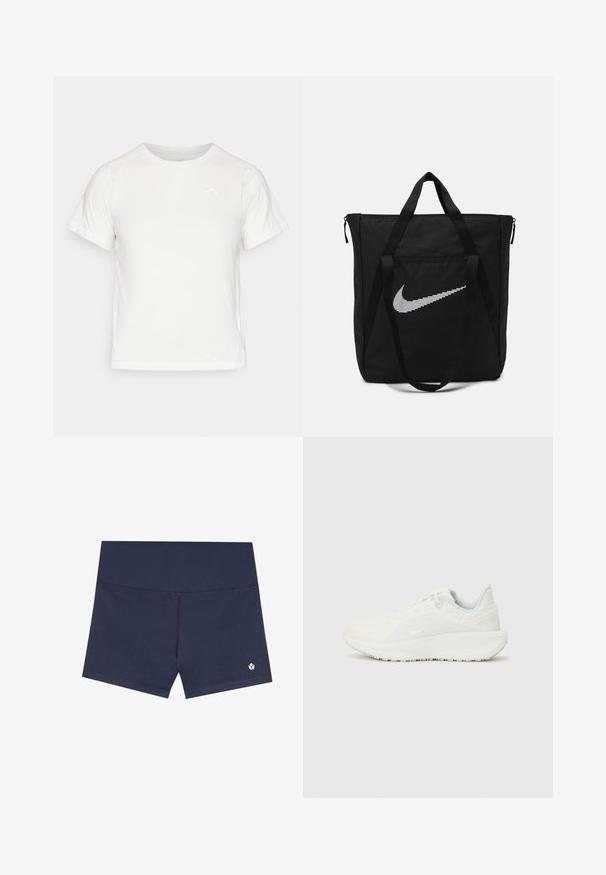 Lehká bílá tričko s krátkými rukávy, kulatým výstřihem a malým logem v levém horním rohu. Hladká tkanina s jemným leskem.; Námořnické modré plavky z hladkého materiálu, bezšvého designu, s elastickým pasem a malým logem na spodní pravé straně.; Bílé sportovní boty s texturovaným svrškem, polstrovaným límcem a šněrováním. Mají zakřivenou podešví a decentní branding na straně.; Černá nylonová taška s dvěma pevným uchy a zipovým uzávěrem. Obsahuje výrazné bílé logo Nike ve tvaru swoosh v horizontálním pruhovaném designu.