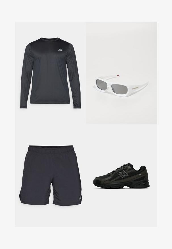 Mustaga pikkade varrukatega spordisärk mustas värvuses, valmistatud siledast, kergetest kangast, millel on peen tekstuur. Esiküljel on vasakul ülal väikene logo.; Mustad mustad lühikesed püksid, mis on valmistatud kergest kangast, elastse vöökoha ja liikuvuse tagamiseks külgsuundadega. Minimalistlik bränding külgedel.; Mustad mustreda spordijalatsid tekstuurse sünteetilise pealmise osaga, millel on pehme tallaga ja silmatorkav "N" logo küljel. Disain sisaldab kergeid võrkkosid.; Valged ristkülikukujulised Oakley prillid tumedate läätsedega, puhkavad valgel pinnal, logo nähtav küljelt.