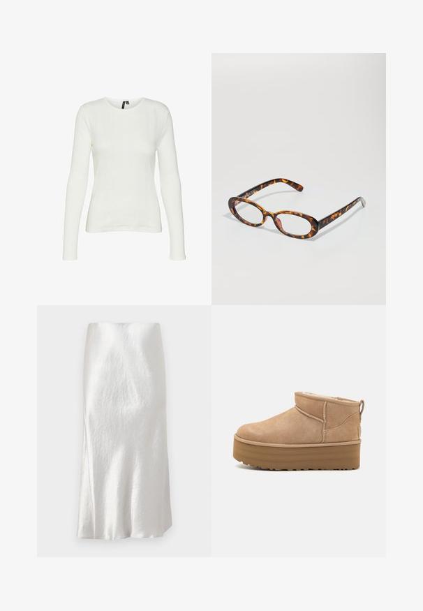 Bela srajca z dolgimi rokavi in okroglo ovratnikom. Tkanina ima teksturiran vzorec z navpičnimi črtami in rebrastimi podrobnostmi.; Bela satenska midi krila s subtilno gubano teksturo, rahlo razširjenim krojem in gladkim finišem, ki ima skrit pas.; Bež zamatne gležnjarje s puhastim notranjim delom, ki imajo platformo in zanka na hrbtni strani za enostavno obuvanje. Teksturiran gumen podplat.; Tortoiseshell očala z ovalnimi lečami, ki imajo sijoč zaključek, ozke ročice in subtilne vzorce, ki spominjajo na tigerjeve proge.; DRAGON DIFFUSION MINI FLAT GORA - Torbica - dark brown