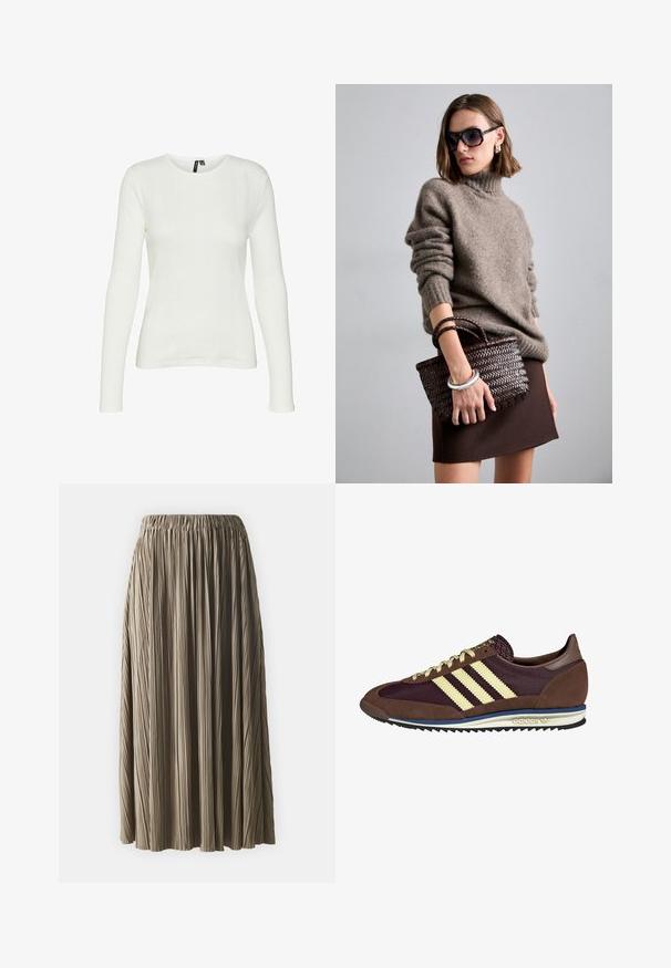Biela košeľa s dlhým rukávom a okrúhlym výstrihom. Tkanina má textúrovaný vzor s vertikálnymi pruhmi a rebrovými detailmi.; Samsøe Samsøe UMA - sukňa v tvare A - lead gray; Hnedé a bordové tenisky z semišu a sieťoviny, s tromi krémovými pruhmi, textúrovanou tkaninou na jazyku a gumovou podrážkou.; DRAGON DIFFUSION MINI FLAT GORA - Kabelka - dark brown