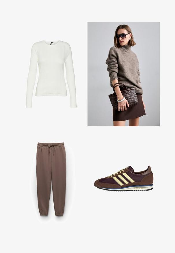 Camisa blanca de manga larga con cuello redondo. La tela tiene un patrón texturizado con líneas verticales y detalles acanalados.; Joggers marrones con cintura elástica, ajuste tapered y tobillos acampanados. Fabricados con un tejido suave y liso.; Deportivas marrones y burdeos con materiales de ante y malla, con tres franjas crema, tela texturizada en la lengüeta y suela de goma.; DRAGON DIFFUSION MINI FLAT GORA - Bolso de mano - dark brown