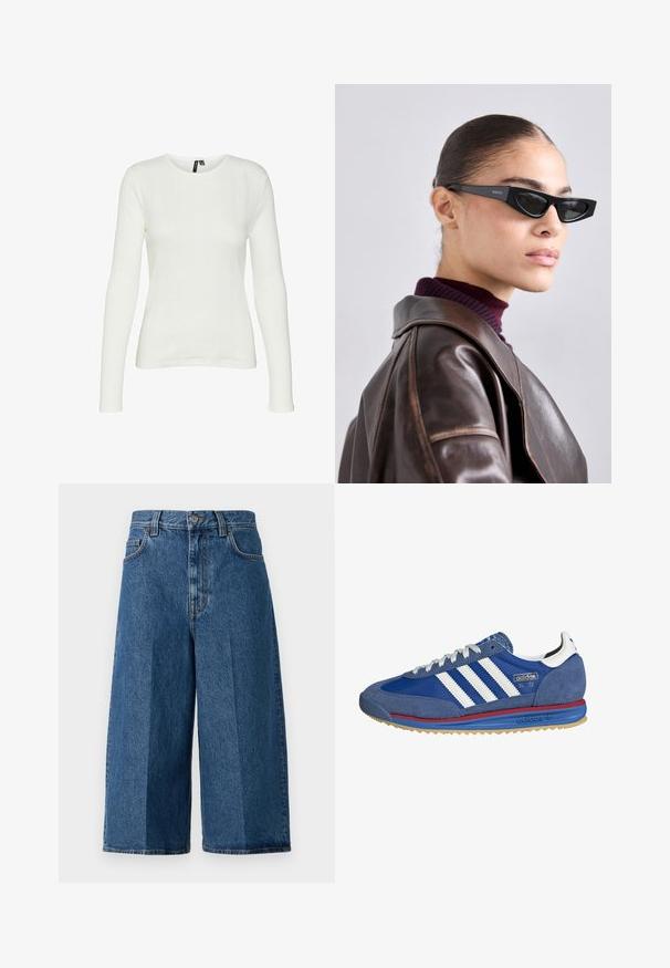 Camicia bianca a maniche lunghe con scollo rotondo. Il tessuto presenta un motivo testurizzato con linee verticali e dettagli a coste.; Filippa K Shorts di jeans - washed mid; Sneaker blu scamosciato con strisce bianche, accenti rossi e blu, e suola in gomma. Presenta un tessuto testurizzato e un design atletico classico.; Occhiali da sole neri a occhio di gatto con logo sulla tempia, indossati da un modello in una giacca di pelle marrone e dolcevita viola, all'interno.; DRAGON DIFFUSION MINI FLAT GORA - Borsa a mano - dark brown