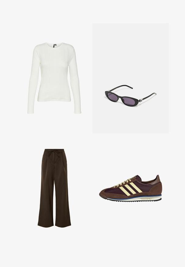 Bijela košulja dugih rukava s okruglim izrezom. Tkanina ima teksturirani uzorak s vertikalnim linijama i rebrastim detaljima.; Pieces Hlače - delicioso; Smeđi i burgundski teniski s uzorcima od antilopa i mrežastih materijala, s tri kremaste pruge, teksturiranim materijalom na jeziku i gumeni potplat.; Gucci Sunčane naočale - black/grey; Smeđa pletena kožna torba s zakrivljenom, čvoranom ručkom i zatvaranjem na patentni zatvarač. Glatka tekstura i zaobljeni oblik.