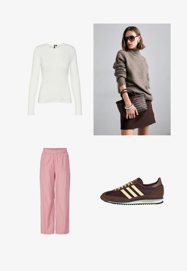 Bijela košulja dugih rukava s okruglim izrezom. Tkanina ima teksturirani uzorak s vertikalnim linijama i rebrastim detaljima.; Roza pruge široke hlače s elastičnim pojasom. Napravljene od laganog materijala s glatkom teksturom. Imaju suptilne vertikalne pruge.; Smeđi i burgundski teniski s uzorcima od antilopa i mrežastih materijala, s tri kremaste pruge, teksturiranim materijalom na jeziku i gumeni potplat.; DRAGON DIFFUSION MINI FLAT GORA - Ručna torba - dark brown