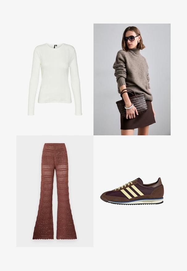 Weißes Langarmshirt mit rundem Halsausschnitt. Der Stoff hat ein strukturiertes Muster mit vertikalen Linien und gerippten Details.; Häkeln Flare-Hosen in einem tiefen Rostton. Sie verfügen über ein strukturiertes offenes Gewebe, eine hohe Taille und einen ausgestellten Saum mit gewellten Kanten.; Braune und burgunderfarbene Sneaker aus Wildleder und Mesh-Materialien, mit drei cremefarbenen Streifen, strukturiertem Stoff an der Zunge und einer Gummisohle.; DRAGON DIFFUSION MINI FLAT GORA - Handtasche - dark brown