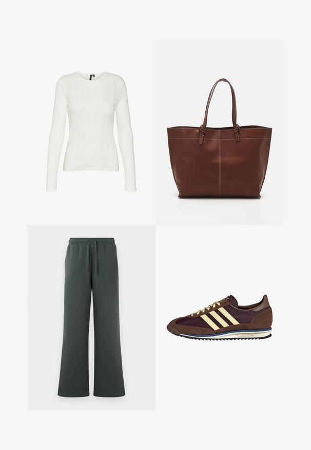 Bijela košulja dugih rukava s okruglim izrezom. Tkanina ima teksturirani uzorak s vertikalnim linijama i rebrastim detaljima.; Tamnozelene, široke dukserice izrađene od mekanog materijala, s elastičnim pojasom i vezicom za prilagodljivo prianjanje.; Smeđi i burgundski teniski s uzorcima od antilopa i mrežastih materijala, s tri kremaste pruge, teksturiranim materijalom na jeziku i gumeni potplat.; Smeđi kožni torba s dvostrukim ručkama, s kontrastnim šavovima i prostranim dizajnom, pogodna za svakodnevnu upotrebu.