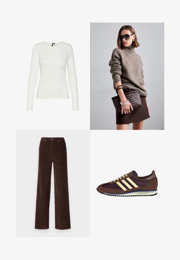 Fehér, hosszú ujjú ing kerek nyakkivágással. Az anyag texturált mintázatú, függőleges csíkokkal és bordázott részletekkel.; Vero Moda VMTESSA WIDE PANTS - Nadrágok - chocolate torte; Barna és bordó sneaker velúr és hálós anyagból, három krémcsíkkal, texturált anyaggal a nyelvén és gumitalppal.; DRAGON DIFFUSION MINI FLAT GORA - Kézitáska - dark brown