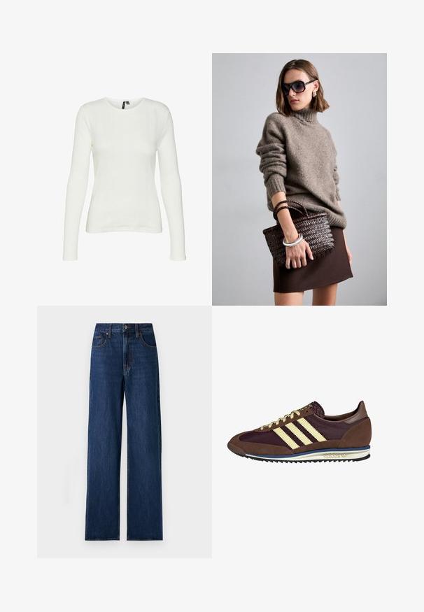 Valkoinen pitkähihaisuus paita, jossa on pyöreä pääntiellä. Kankaassa on tekstuurikuvio, jossa on pystysuoria viivoja ja ribbauspintoja.; Tummansiniset leveälahkeiset farkut denim-kankaasta. Ominaisuuksiin kuuluu korkeavyötärö, viisi taskua, nappi- ja vetoketjukiinnitys sekä erottuva ommel.; Ruskea ja burgundin värinen lenkkari, jossa on yksityiskohtina mokkaa ja verkkomateriaalia, kolmea kermaista raitaa, tekstuuripinta kielekkeessä ja kumipohja.; DRAGON DIFFUSION MINI FLAT GORA - Käsilaukku - dark brown