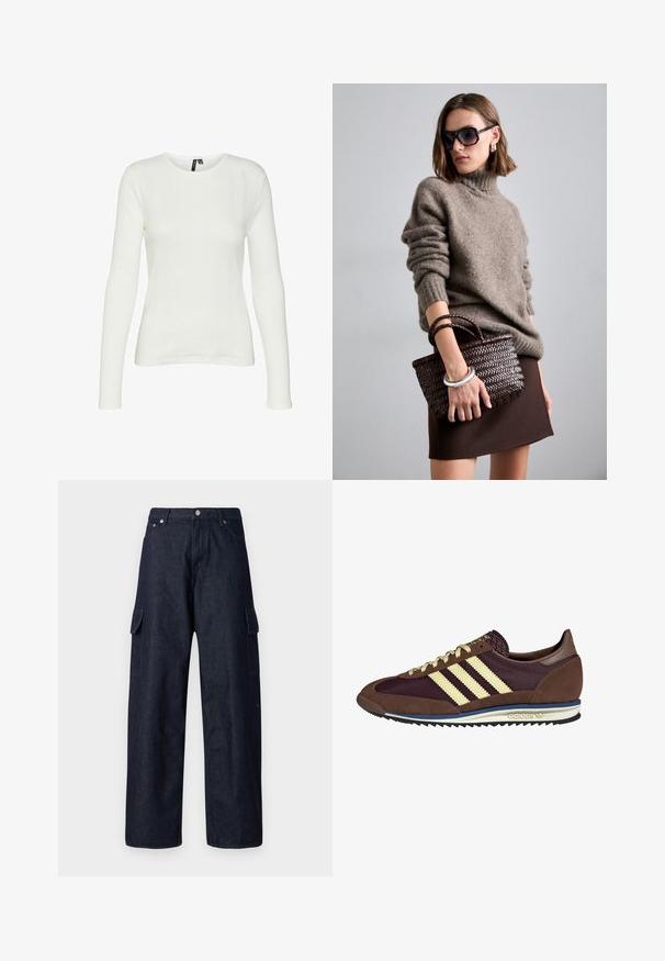 Cămașă albă cu mânecă lungă și decolteu rotund. Țesătura are un model texturat cu linii verticale și detalii din jerse.; Pantaloni cargo din denim închis, cu picioare largi, având două buzunare laterale, închidere cu buton și o textură de țesătură durabilă.; Sneaker maro și burgund cu materiale din suede și plasă, având trei dungi crem, țesătură texturată pe limbă și o talpă din cauciuc.; DRAGON DIFFUSION MINI FLAT GORA - Geantă de mână - dark brown