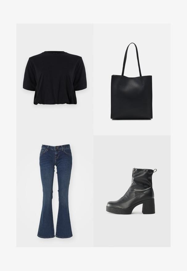 T-shirt preta de algodão, cropped, com mangas curtas e decote redondo, apresentando um design limpo e sem costuras, e uma textura suave.; Jeans de ganga azul com flare feitos de algodão, cintura média, design de cinco bolsos e costura em contraste ao longo das costuras.; Botas de tornozelo pretas feitas de couro liso, com fecho lateral, salto grosso texturizado e design de bico arredondado.; Bolsa tote preta em couro com textura lisa, forma retangular e duas alças longas. Sem hardware ou enfeites visíveis.