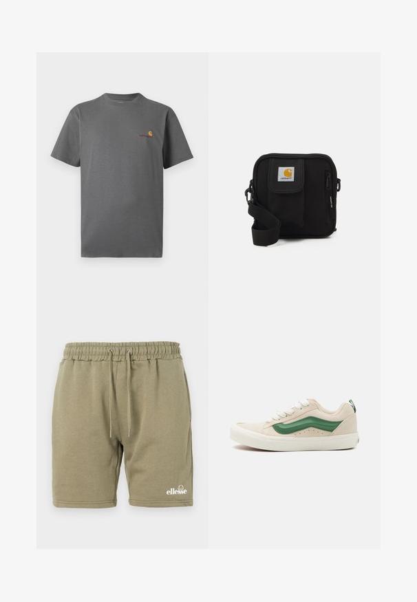 Szara koszulka z krótkim rękawem, wykonana z bawełny; posiada subtelne logo w odcieniach pomarańczowego i burgundowego na piersi. Podstawowy fason z okrągłym dekoltem.; Oliwkowe szorty dresowe wykonane z miękkiej mieszanki bawełny, z elastycznym paskiem w talii ze sznurkiem oraz nadrukowanym logo w dolnym rogu.; Beżowe zamszowe sneakersy z zielonymi skórzanymi akcentami, zaokrąglony nos, białe sznurówki i fakturowane wykończenie po bokach. Widoczna gumowa podeszwa.; Czarna torba na ramię z zamykaną na zamek główną komorą, przednią kieszenią, regulowanym paskiem oraz widoczną łatką z logo na klapie.