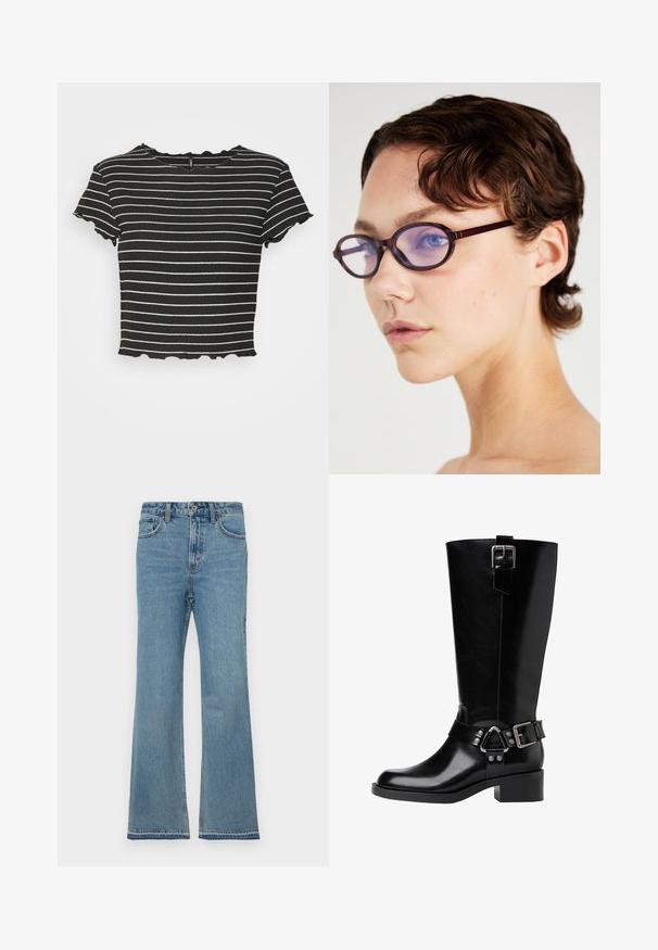 Crtvena majica s crno-bijelim prugama, rebrasta tekstura, kratki rukavi s valovitim rubom, okrugli izrez, opušteni kroj.; Svijetloplavi traper široki traperice s visokim strukom, pet džepova, suptilnim izblijedjenjem i šavnim detaljima duž šavova.; Crna kožna čizma do koljena s zaobljenim vrhom, robusnom petom, podesivim remenom s hardverskim detaljima i sjajnom završnom obradom.; Smeđe, ovalne naočale s prozirnim ljubičastim lećama; elegantan dizajn i glatka tekstura. Nose ih osoba s kratkom, valovitom kosom.; Crna kožna torba s dva izdužena ručka, zatvaranjem na zip i zaobljenim oblikom; glatka tekstura s suptilnim sjajnim završetkom.