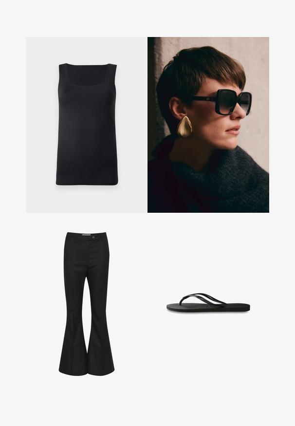 Svart ermeløs tanktopp med firkantet hals, laget av glatt stoff, med en tettsittende design og rene kanter, ingen synlige mønstre eller aksenter.; Sorte videbukser laget av glatt stoff, med høy midje, frontlukk med knapp og en elegant, skreddersydd design.; Svart flip-flop med teksturert gummisåle, to slanke stropper og en subtil, preget logo på stroppen.; Svart oversized solbriller med mørke linser og gullhardware, kombinert med en stor, skinnende gulldråpeørering. Mørk teksturert skjerf.