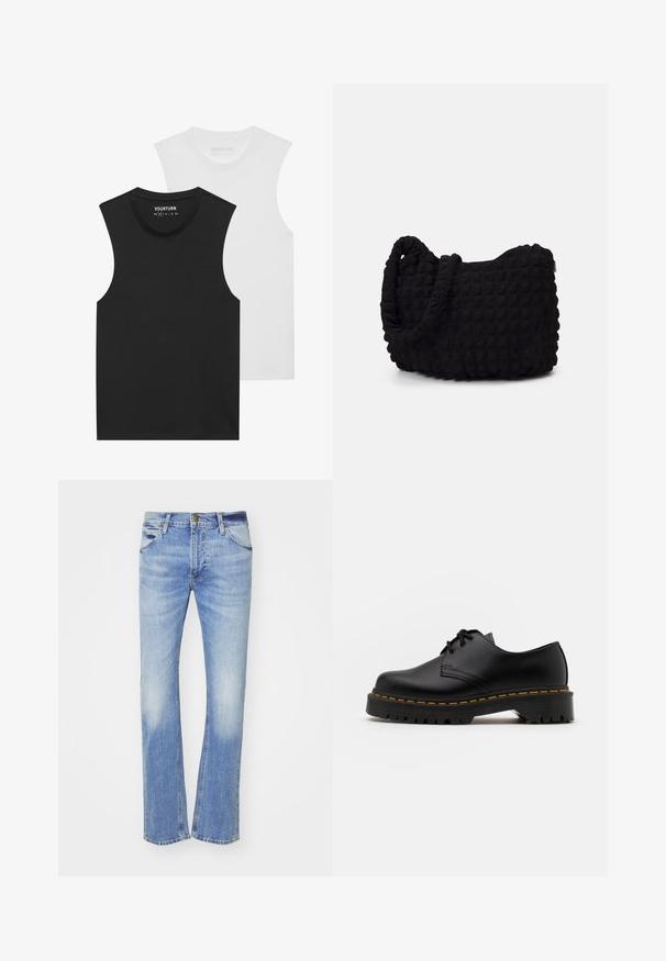 Kaks ilma varrukat T-särki, üks must ja teine valge, ümmarguse kaelusega ja pehmest puuvillast kangast. Igal särgil on tavaline sirge lõige.; Heledad sinine denimipüksid sirge säärekujundusega, millel on esiosal fading, klassikaline viie tasku stiil ning tõmblukuga nupuga sulgemine.; Must musta lesti kingad ümarate varvastega, tekstureeritud kummitald ja kollane õmblus aluse ääres. Lame disain ja sile viimistlus.; Must mustkott, millel on tekstuuriga tikitud muster. Ümar kuju, lühikesed ja jämedad sangad ning pehme, paindlik struktuur.