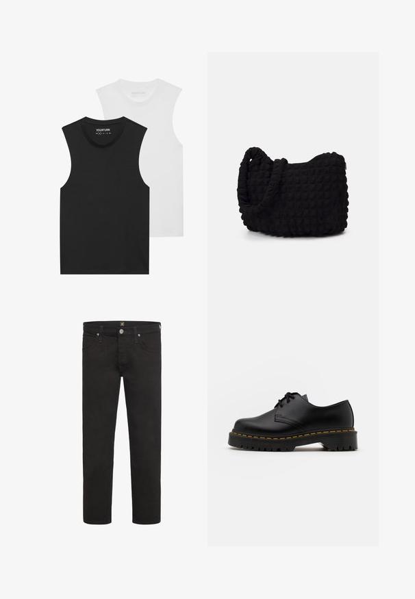 Dwie koszulki bez rękawów, jedna czarna, a druga biała, z okrągłym dekoltem i miękkim bawełnianym materiałem. Każda z nich ma standardowy prosty krój.; Czarne jeansy proste z nogawką, z zapięciem na guziki i suwak, przednimi i tylnymi kieszeniami oraz szlufkami na pasek, marki Lee.; Czarne skórzane buty na sznurówki z zaokrąglonym noskiem, teksturowaną gumową podeszwą i żółtym przeszyciem wokół podstawy. Płaski design i gładkie wykończenie.; Czarna torba z materiału o fakturowanym, pikowanym wzorze. Owalny kształt, krótkie, grube rączki oraz miękka, elastyczna struktura.
