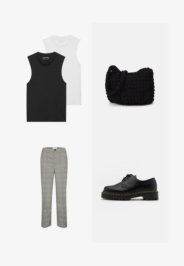 Two sleeveless T-shirts, one black and one white, featuring a round neckline and soft cotton fabric. Each has a standard straight cut.; Gray plaid trousers featuring a flat front, button closure, and straight legs. The fabric has a smooth texture with a classic check pattern.; Black leather lace-up shoe with a rounded toe, textured rubber sole, and yellow stitching around the base. Flat design and smooth finish.; Black fabric bag with a textured, quilted pattern. Rounded shape, short, thick handles, and a soft, flexible structure.