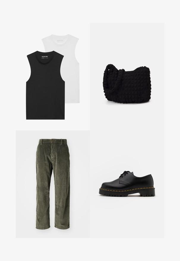 Dwie koszulki bez rękawów, jedna czarna, a druga biała, z okrągłym dekoltem i miękkim bawełnianym materiałem. Każda z nich ma standardowy prosty krój.; Spodnie w kolorze oliwkowym z korduroyu z pionowymi prążkami, z zapinaniem na guzik oraz prostą nogawką. Miękka tekstura i klasyczny krój.; Czarne skórzane buty na sznurówki z zaokrąglonym noskiem, teksturowaną gumową podeszwą i żółtym przeszyciem wokół podstawy. Płaski design i gładkie wykończenie.; Czarna torba z materiału o fakturowanym, pikowanym wzorze. Owalny kształt, krótkie, grube rączki oraz miękka, elastyczna struktura.