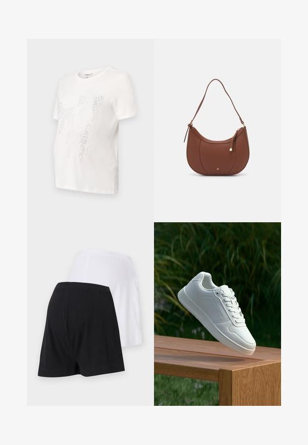 Tricou alb din bumbac cu mâneci scurte, având un design cu frunze conturate cu mici strasuri metalice. Guler rotund, croi lejer.; Shorts cu dungi negre și albe, cu talie elastică; negre pe stânga, albe pe dreapta. Textură netedă și lungime deasupra genunchiului.; Sneaker alb cu un upper sintetic neted, cu vârf perforat, șireturi plate și o talpă texturată, expus pe o suprafață de lemn.; Geantă de umăr din piele ecologică maro, cu o formă curbată, cusături minime și un accent din metal auriu. Are un închidere cu fermoar în partea de sus și o curea ajustabilă.