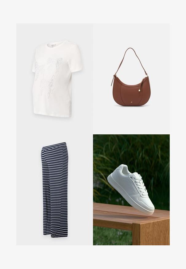 Bela bombažna majica s kratkimi rokavi, ki vsebuje dizajn listov obrobljenih z majhnimi kovinskimi bleščicami. Okroglo izrezovanje, sproščen kroj.; Temno modre in bele črtaste široke hlače z rebrasto teksturo, ki imajo elastičen pas in sproščen kroj.; Bela teniska s gladkim sintetičnim zgornjim delom, perforiranim prednjim delom, ravnimi vezalkami in teksturiranim podplatom, prikazana na leseni površini.; Rjava usnjena torbica z ramenskim ročajem, ukrivljene oblike, minimalnim šivom in zlato-tonirano kovinsko dekoracijo. Ima zgornje zapiranje na zadrgo in nastavljiv trak.