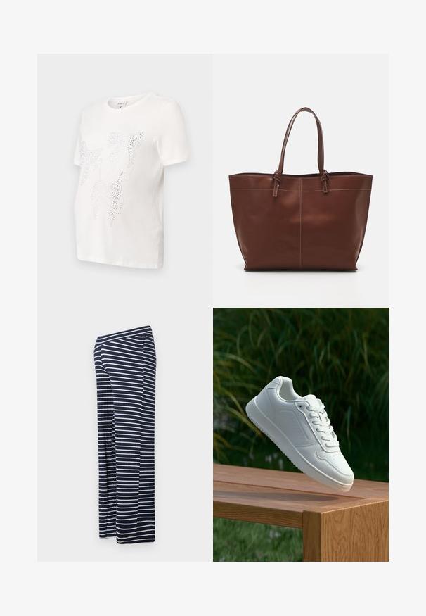 Bela bombažna majica s kratkimi rokavi, ki vsebuje dizajn listov obrobljenih z majhnimi kovinskimi bleščicami. Okroglo izrezovanje, sproščen kroj.; Temno modre in bele črtaste široke hlače z rebrasto teksturo, ki imajo elastičen pas in sproščen kroj.; Bela teniska s gladkim sintetičnim zgornjim delom, perforiranim prednjim delom, ravnimi vezalkami in teksturiranim podplatom, prikazana na leseni površini.; Rjava usnjena torba z dvema ročajema, z kontrastnim šitjem in prostornim dizajnom, primerna za vsakodnevno uporabo.