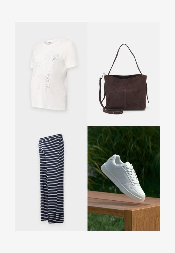 Bela bombažna majica s kratkimi rokavi, ki vsebuje dizajn listov obrobljenih z majhnimi kovinskimi bleščicami. Okroglo izrezovanje, sproščen kroj.; Temno modre in bele črtaste široke hlače z rebrasto teksturo, ki imajo elastičen pas in sproščen kroj.; Bela teniska s gladkim sintetičnim zgornjim delom, perforiranim prednjim delom, ravnimi vezalkami in teksturiranim podplatom, prikazana na leseni površini.; Rjava gamoška torba z mehkobo teksturo, ki ima en samo ramenski trak in subtilno ukrivljen zgornji del. Brez vidnih kovinskih detajlov.