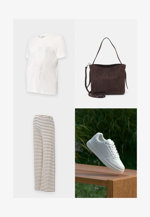 Hvid bomulds t-shirt med korte ærmer, der har et design af blade omrids i små metalliske studs. Rund halsudskæring, afslappet pasform.; Breddebukser med striber i cremefarvet med marineblå vandrette striber, lavet af et blødt materiale og med elastisk talje for komfort.; Hvid sneaker med en glat syntetisk overdel, perforeret tåboks, flade snørebånd og en tekstureret sål, præsenteret på en træoverflade.; Brun ruskinds tote bag med en blød tekstur, der har en enkelt skulderrem og en diskret buet topåbning. Ingen synlige hårde detaljer.